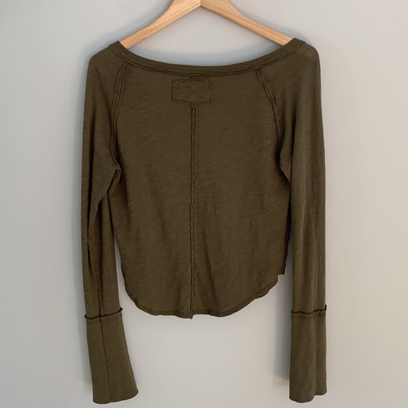 We The Free Split Neck Long Sleeve Cotton Top Olive Green Boho Relaxed Fit - Picture 7 of 10